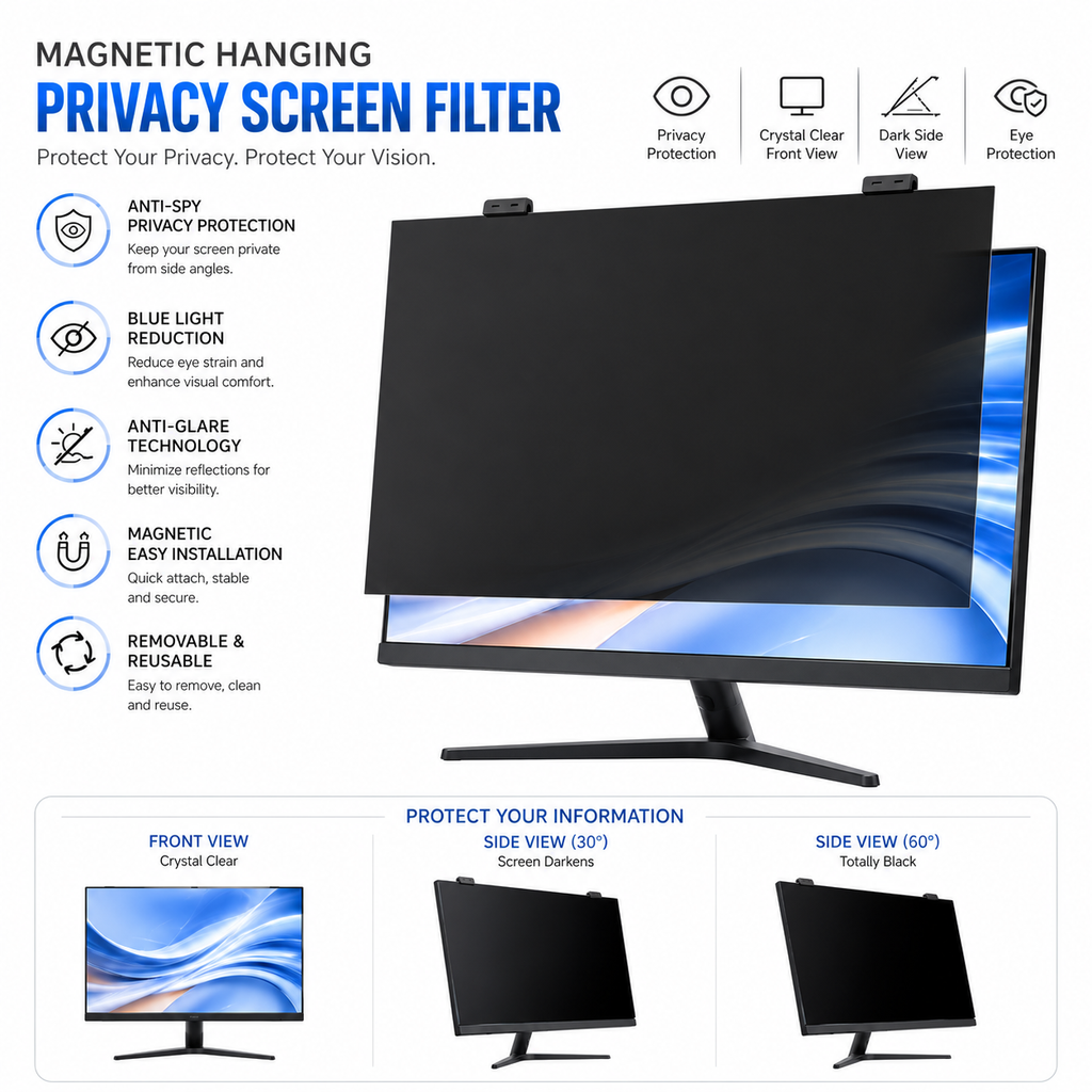 Hanging Magnetic Privacy Screen Filter for Monitor | Anti-Spy, Blue Light & 2H-3H Scratch Protection