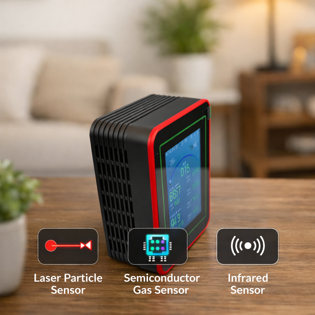 Smart Air Quality AQI Monitor with Laser Sensor | 15-in-1 CO2, PM2.5, TVOC Detector | Wifi Connect